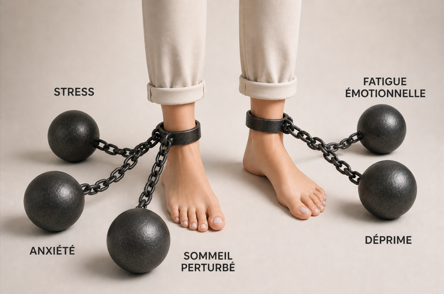 Image représentant différent boulet attachés aux pieds : le stress, la fatigue émotionnelle, l'anxiété, le sommeil perturbé et la déprime